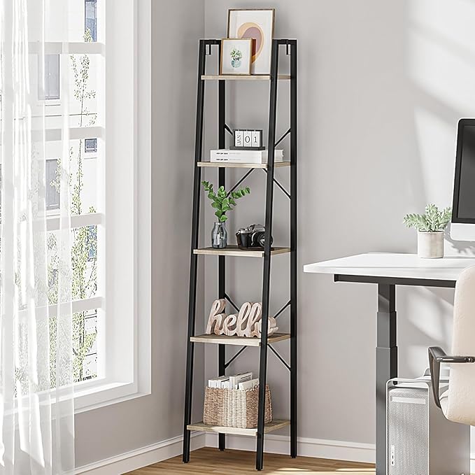 Hzuaneri Ladder Shelf, Bookshelf Bookcase, Freestanding Corner Storage Shelve with 2 Hooks for Home Office, Living Room, Kitchen, Bedroom, Industrial, 11.8" D x 13.4" W x 63" H, Greige BC03205B
