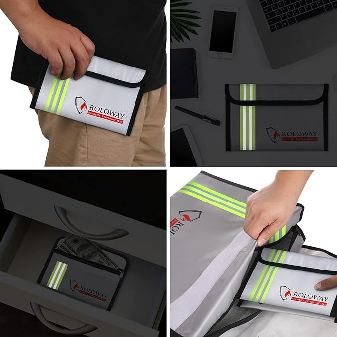 ROLOWAY Small Fireproof Bag (5 x 8 inches) with Reflective Strip, Non-itchy Fireproof Money Bag for Cash, Valuables, Passport, Currency & Keys (2-Pack Silver)