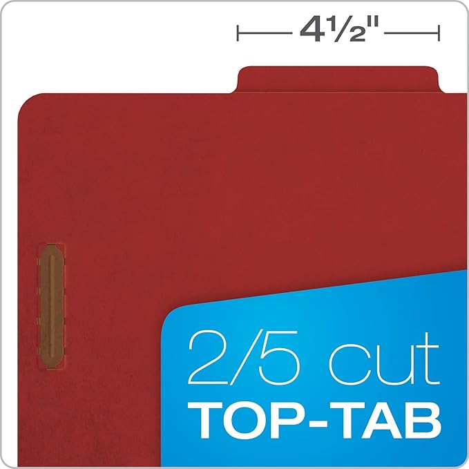 Pendaflex Recycled Classification File Folders, 2 Dividers, 2" Embedded Fasteners, 2/5 Tab Cut, Letter Size, Red (24075R), Specialty, Box of 10 (Pack of 5)