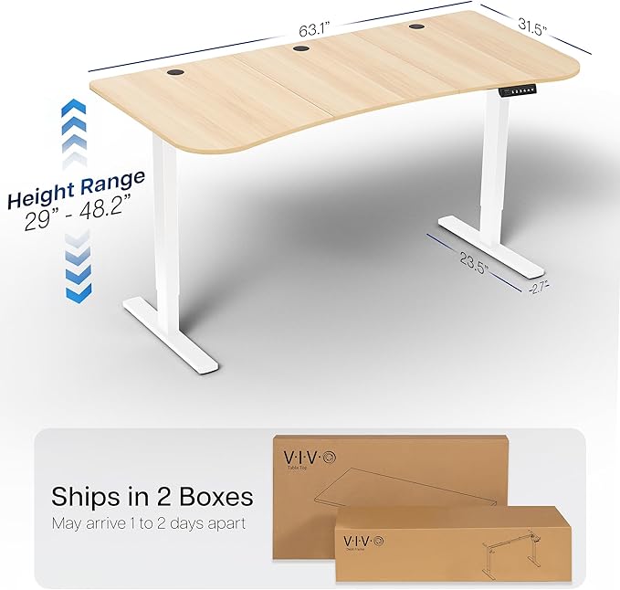 VIVO Electric 63 x 32 in Standing Desk, Memory Height Adjustment, 1B Series, Holds 220 lbs, Light Wood Top White Frame, DESK-KIT-1W1C