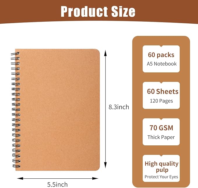 miikoul 60 Packs A5 Spiral Lined Notebooks, Kraft Paper Cover, 8.3"×5.5", 60 Sheets/120 Pages, Ruled Notebooks Bulk, Hardcover Journal Notepad Travel Notebooks for Office and Back to School Supplies