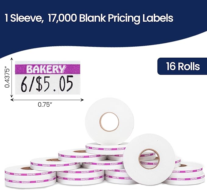 Perco Purple Reverse Print on White Bakery Labels to fit Monarch 1110 Price Gun - 16 Rolls, 17,000 Labels with Ink Roll Included