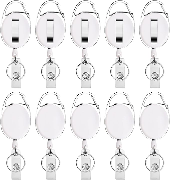 Retractable Badge Holder with Carabiner Reel Clip and Key Ring for ID Card Key Keychain Holders White 10 Pieces