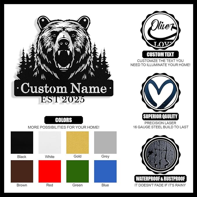 Custom Bear Metal Sign, Custom Bear Metal Wall Art Decor, Personalized Last Name Signs for Home, Rustic Farmhouse Black Wall Decor for Cabin, Bedroom, Living Room, Porch
