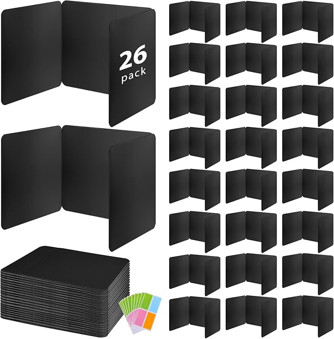 26 Pack Black Desk Dividers with Labels for Students, ROOKEA Waterproof Plastic Study Carrel Dividers, Privacy Classroom Shield Folder Boards Desk for Classroom Teacher Supplies Test Divider