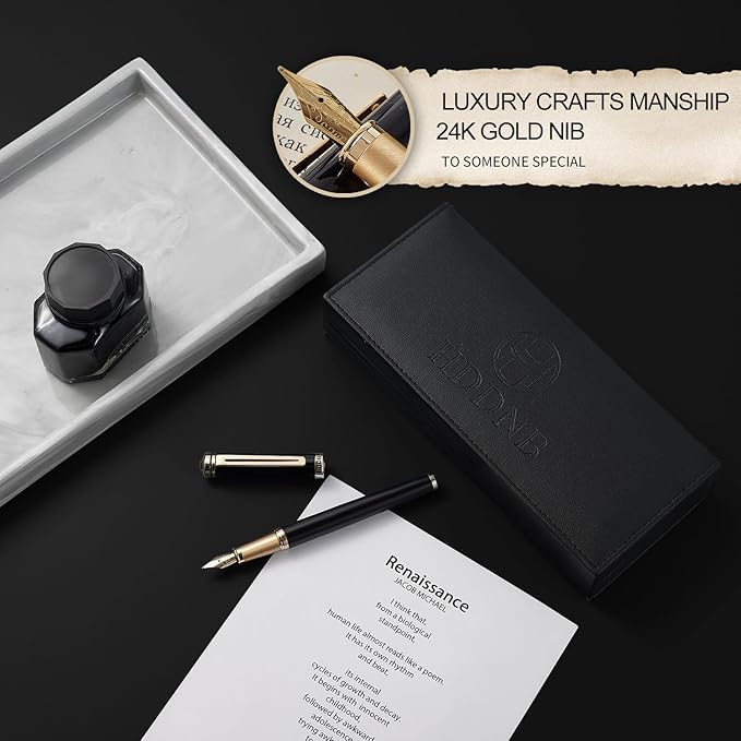 HDDNB Black Luxury Fountain Pen Set for Men and Women with Gift Box, 24K Gold Finish and Gilded Nib(Fine) with 5 Black Ink Cartridges and Converter