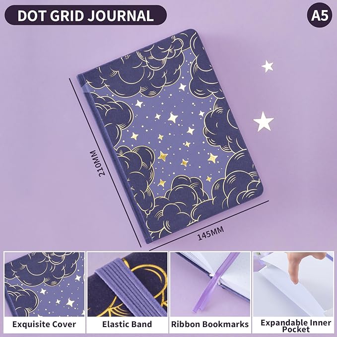 Crein Lynh Dot Grid Journal with 160GSM Thick Paper, 192 Pages, A5 Dotted Notebook for Work, School, Travel | 180° Lay Flat, Foil Stamped Cover, Elastic Band, 2 Bookmarks & Inner Pocket (Dark Purple)
