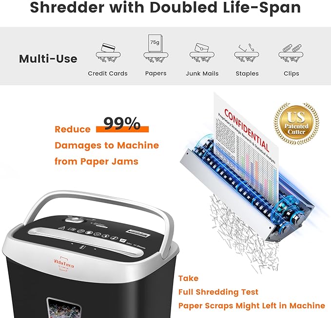 VidaTeco Paper Shredder for Home Office Heavy Duty with 60 Mins Running with US Patented Cutter,Shred CD/Card with Extra Large Bin,AUTO Jam Proof(ETL) (10-Sheet Micro-Cut)