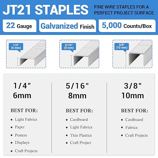 meite JT21 Staples, 3/8 Inch Galvanized Fine Wire Staples for Staple Gun - 7/16" Crown JT21 Staple Refill, Ideal for Upholstery, Crafts, Furniture (1 Case)