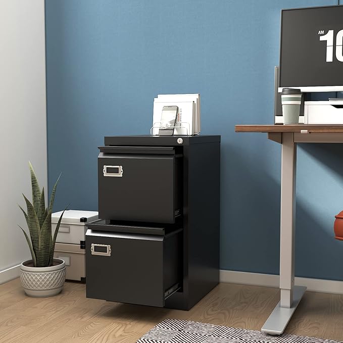 PEUKC 2-Drawer File Cabinet, 16.3" Deep Vertical Metal Filing Cabinet with Lock for Home Office, Anti-Tip 2 Storage Drawers for Letter/Legal/A4/F4 Size (Assemble Required, Black)