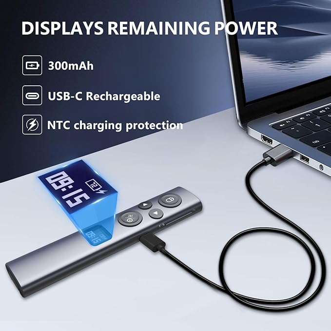 Norwii N95s BLE Presentation Clicker with Digital Pointer for PowerPoint Presentation on TV Screen and Projection Screen, Wireless Presenter Remote with Countdown Timer (Green Light-USB-C)