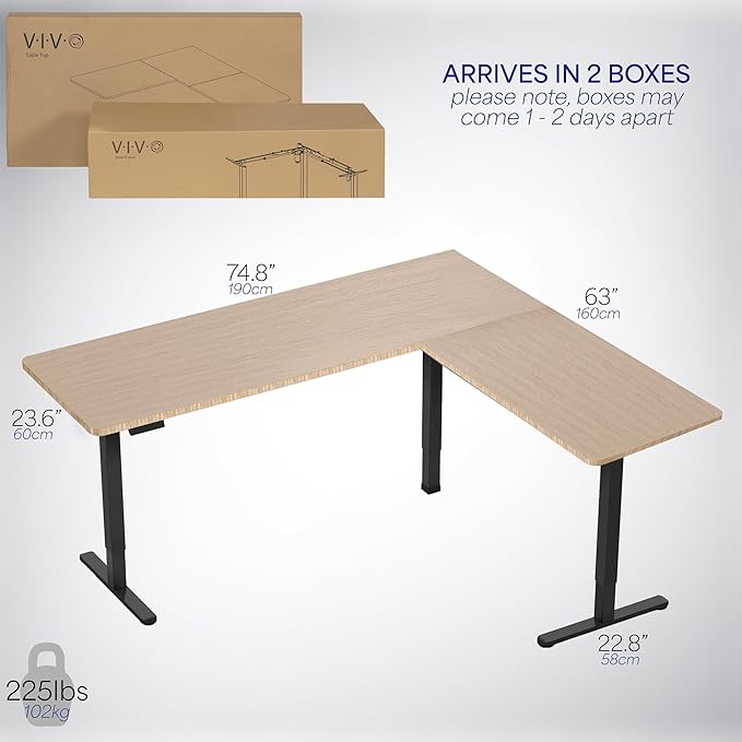 VIVO Electric Corner 75 x 63 inch L-Shaped Standing Desk, Memory Height Adjustment, Real Bamboo Top Black Frame, DESK-E3CTBO-75