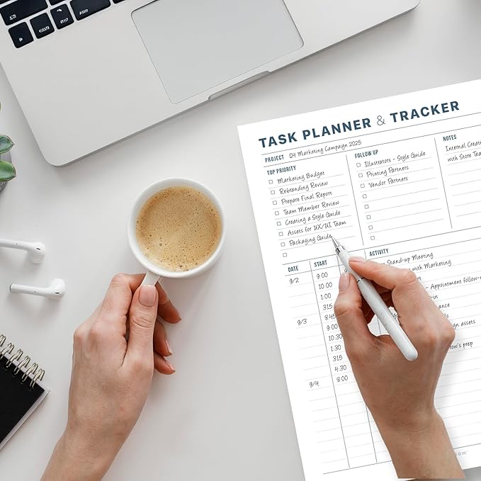 Task Planner & Tracker 8.5 x 11 Tear-Off 70 Sheet Planner Pad – Project Organizer with Time Log, Top Priority, Follow-Up – Notepad for Home & Office (White, Minimalist, 2 Pack)