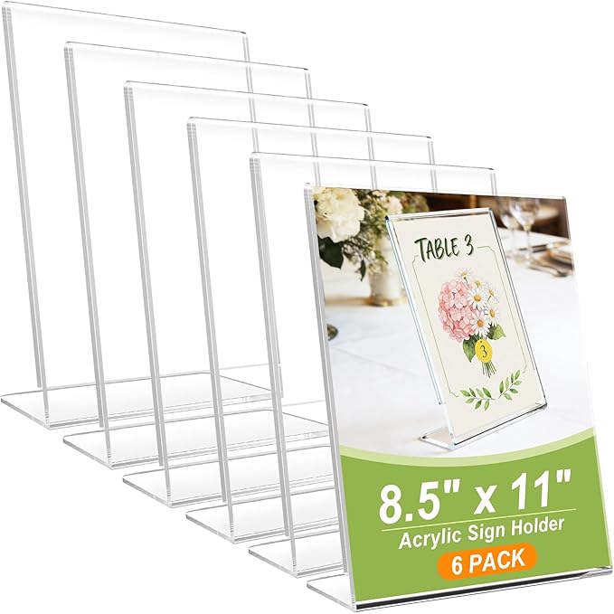 SVOPY 6 Pack Acrylic Sign Stand Holders, 8.5 x 11 Clear Plastic L Shape Table Paper Display Stand, Suit for Displaying Posters, Picture, Flyers, Menu
