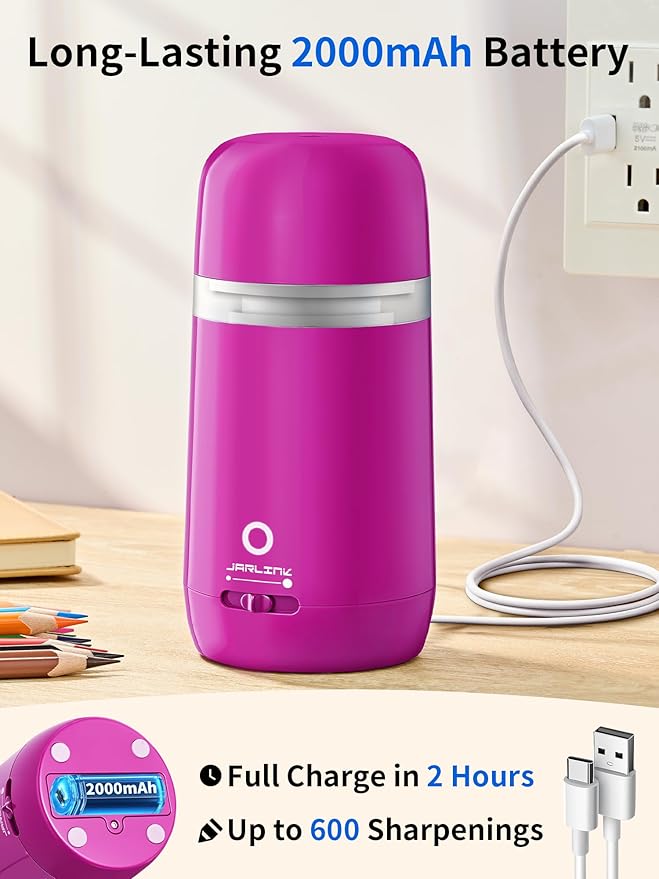 JARLINK Automatic Electric Pencil Sharpener - Hands-Free Operation, 3 Sharpness Modes, 3-Second Sharpening, Rechargeable & Portable for 7-12mm Pencils, Ideal for Classroom and Home Use (Purple)