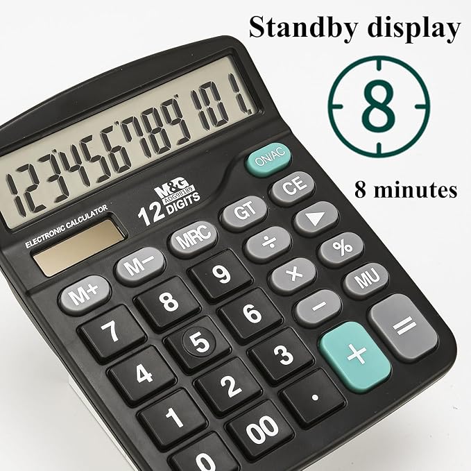 M&G Desk Calculator 12 Digit Office Calculators with Large LCD Display, Dual Solar Power and Battery, Recessed Big Button Calculator for Office Home (Black, Pack of 5)