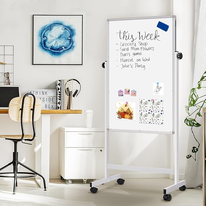 maxtek Rolling White Board, 44 x 28 Height Adjustable Whiteboard on Wheels, Large Magnetic Standing Mobile Easel Board, Double-Sided with Stand for Office, Home, and Classroom