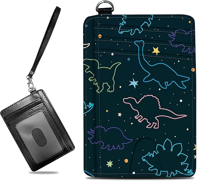 BWEGRHE Small Travel Wallets, Fun Dinosaurs Slim Minimalist Front Pocket Wallet with Wristlet, RFID Blocking PU Leather Credit Card Holder with ID Window Change Purse for Men Women