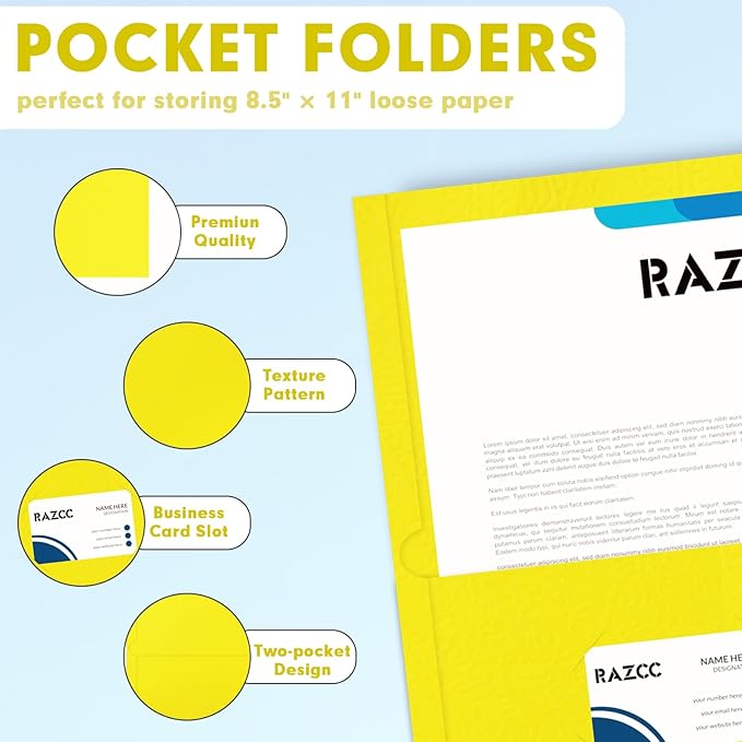 Two Pocket Folders, RAZCC 50 Pack 2 Pocket Folders Fit Letter Size Paper, Paper Folders with Pockets for School Office Business Home (Yellow)
