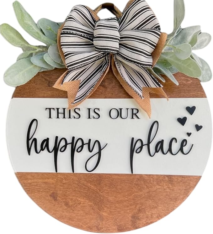 Wood front door sign Wood sign Home decor Welcome sign Sign for front door House warming gift Wedding gift (Happy place-DS001(A6) S003, 11" Width)