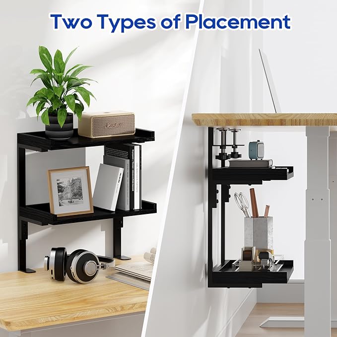 ART-GIFTREE Clamp On Desk Shelf 2-Tier, 12.5 inche Wood Shelving Unit for Office Desk/Gaming Accessories, Tabletop Book Storage Rack, Shelf for Top & Under of Desk, Black