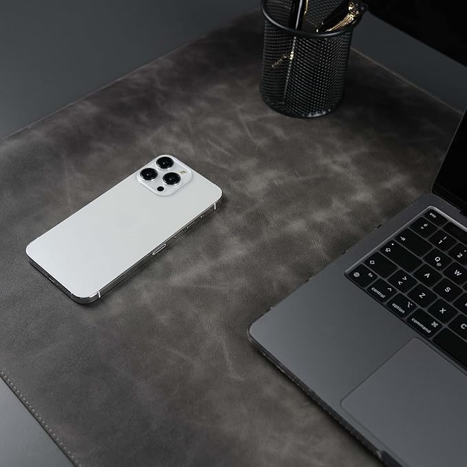 TORONATA Jersey Genuine Calfskin Leather Desk Pad, Office Desk Mat with Non-Slip Bottom, Smooth Surface for Mouse & Keyboard, Desk Protector (14.6x31.5 inches) (Gray)