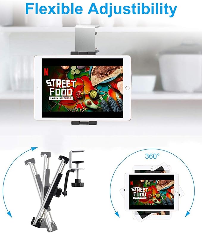 woleyi Kitchen Cabinet Tablet Mount, Easy-Install Under Cabinet Tablet Holder Stand with 360° Adjustable Clamp for iPad Pro Air Mini, Galaxy Tabs, Z Fold, Fire, Surface, Switch, iPhone, 4-13" Devices