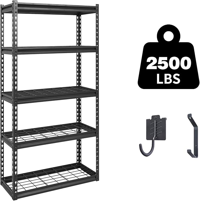 Shuntong The Atlas 30" W x 12" D x 60" H Adjustable Garage Storage Shelves Load 2500 lbs, 5 Tier Heavy Duty Shelving Unit, Metal Utility Storage Rack for Warehouse Pantry Basement Kitchen, Black