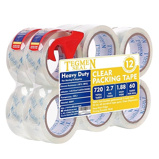 TegmenSeal Heavy Duty Clear Packing Tape with Dispenser Combo for Shipping, Moving & Storage,Thicker Clear Packing Tape, 1.88 inches Wide, 60 Yards Per Roll, 12 Pack 720 Total Yards