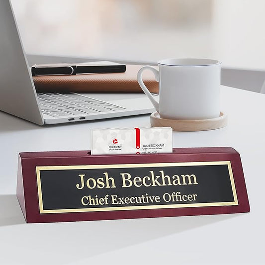 Business Wood Name Plate for Desk | Custom Desk Name Plate Personalized Gift for Office, The Perfect Engraved Name Plaque By Engraving International (2" x 8" With Card Holder, Rosewood Piano Finish)