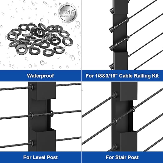BLIKA 20Pack Black Cable Railing Adhesive Sleeves for 1/8" 5/32" 3/16" Wire Rope Cable, T316 Stainless Steel, 2.8mm Thickness Cable Railing Protector Adhesive Sleeves for Deck Stair Cable Railing Kits