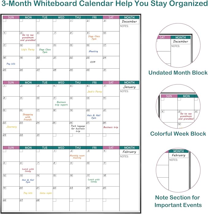 ARCOBIS 3-Month Dry Erase Calendar for Wall, 39"x28" Magnetic Whiteboard Calendar with Black Aluminum Frame, Monthly Calendar Board for Office, Home, School
