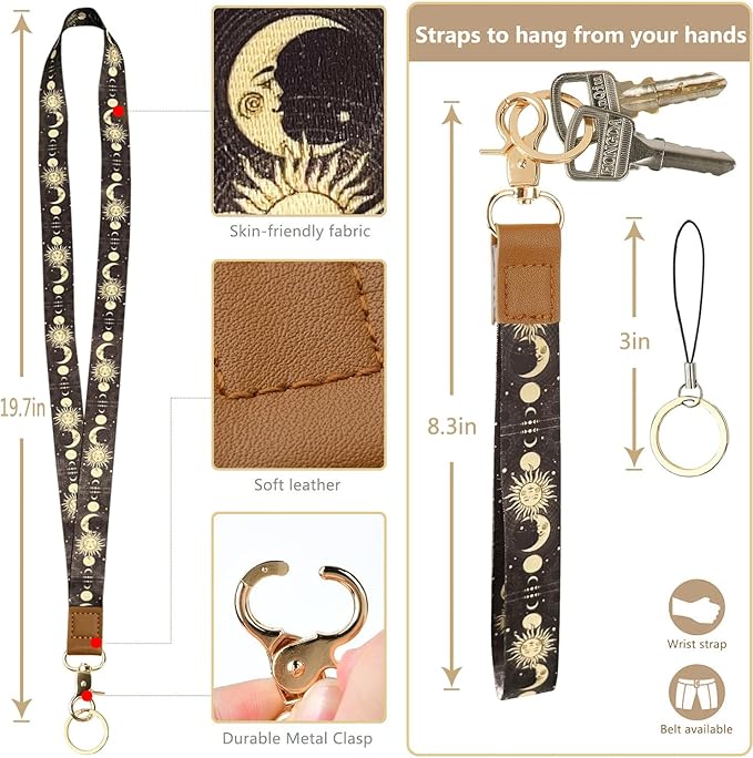 bolimoss Sun and Moon Lanyard Wallet, Boho Lanyard with Wallet,ID Badge Holder with Neck & Wristlet Lanyard, Pu Leather Zip Id Case Wallet with Breakaway Lanyard, Keychain Wallet for Women