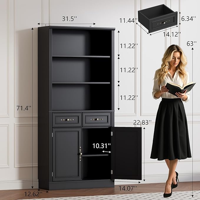 BORNOON 71.4" Tall Bookshelf with Drawers & Cabinet, 5-Tier Floor Standing Bookcase with Storage Doors, Adjustable Shelves & Metal Handles, 31.5" Wide Organizer for Home Office, Living Room