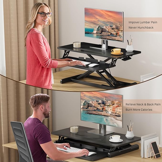 JOY worker Standing Desk Converter, 32" Wide Height Adjustable Sit Stand Up Desk Riser with Keyboard Tray, Desktop Workstation Riser for Home Office Computer Laptop, Particle Board, Black