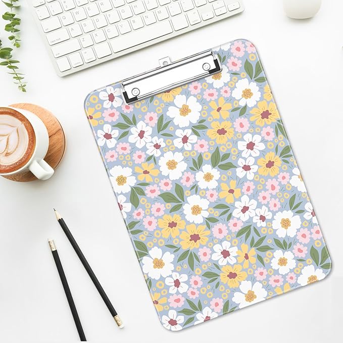 Luminzo Plastic Cute Clipboard Low-Profile Metal Clip, A4 Letter Size 9 x 12.5 in, 8.5 x 11 Paper Clip Board for Teachers, Nurses, Classroom,Daisy