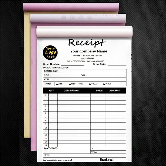 Custom Invoice Book in 3-Part /2-Part Receipt Book with Carbon Copies Personalized Carbonless Service Invoice Form Books Sales Order Book with Company Name Logo Address,D-Receipt Book