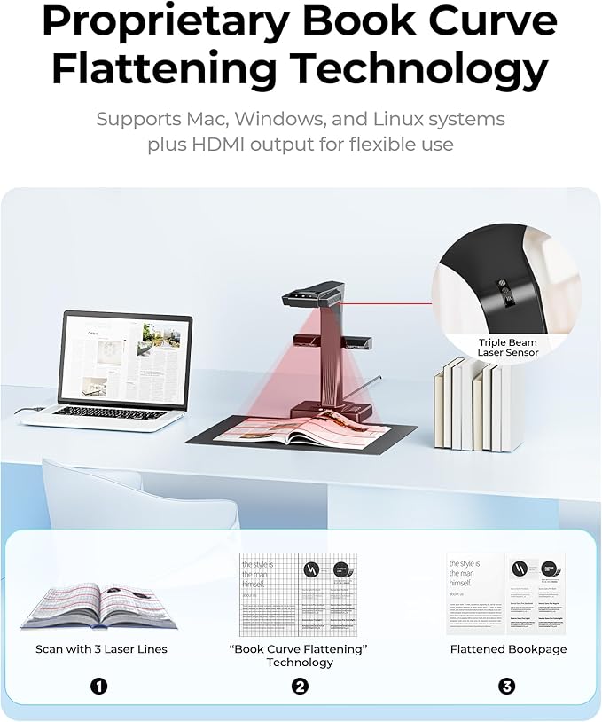 CZUR ET MAX Book Scanner, 38MP High-Resolution Overhead Document Scanner with Curve-Flattening, Auto Page Detection, OCR, HDMI Output, Compatible with Windows/Mac/Linux