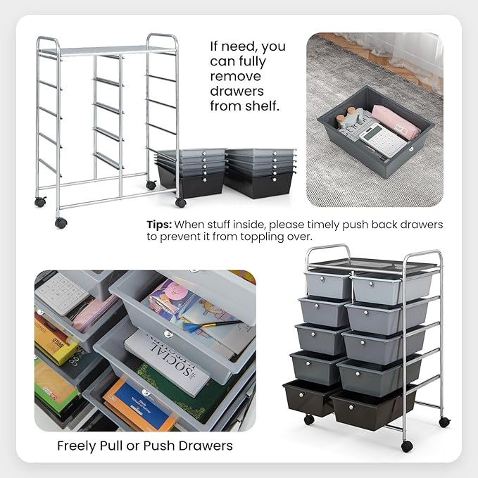 GLACER 10 Drawer Rolling Cart, Storage Cart with Lockable Whieels & Metal Frame, Trolley for Art Craft Oganizer, Mobile Utility Cart for Office, School, Classroom, Kitchen (Black Gradient)