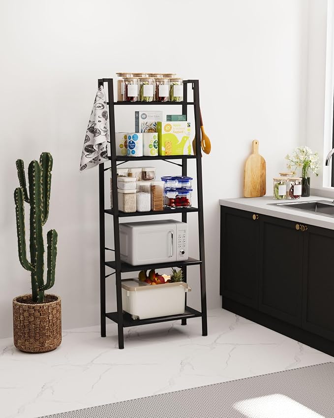 Hzuaneri Ladder Shelf, Bookshelf Bookcase, Freestanding Corner Storage Shelve with 2 Hooks for Home Office, Living Room, Kitchen, Bedroom, Industrial, 11.8" D x 23.6" W x 63" H, Black BC19304B