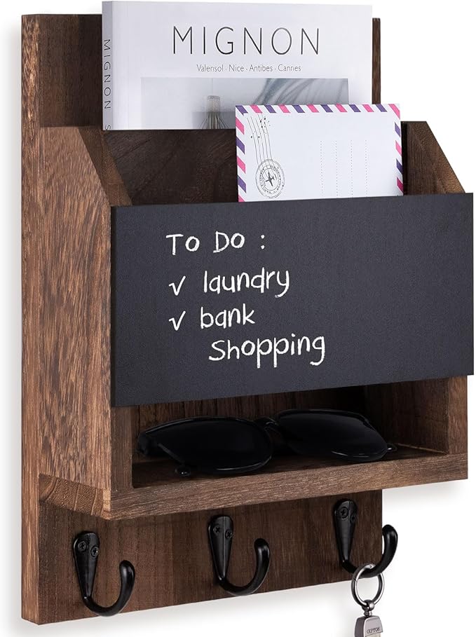 Lucundm Key and Mail Holder for Wall, Key Holder with Chalkboard and Long Storage Box, Key Hanger with 3 Sturdy Hooks for Coat, Dog Leash, Entryway Mail Organizer (Brown)