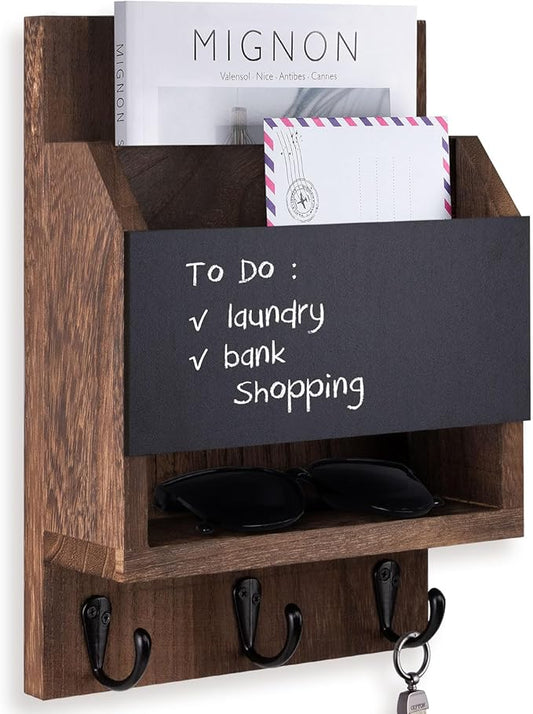 Lucundm Key and Mail Holder for Wall, Key Holder with Chalkboard and Long Storage Box, Key Hanger with 3 Sturdy Hooks for Coat, Dog Leash, Entryway Mail Organizer (Brown)