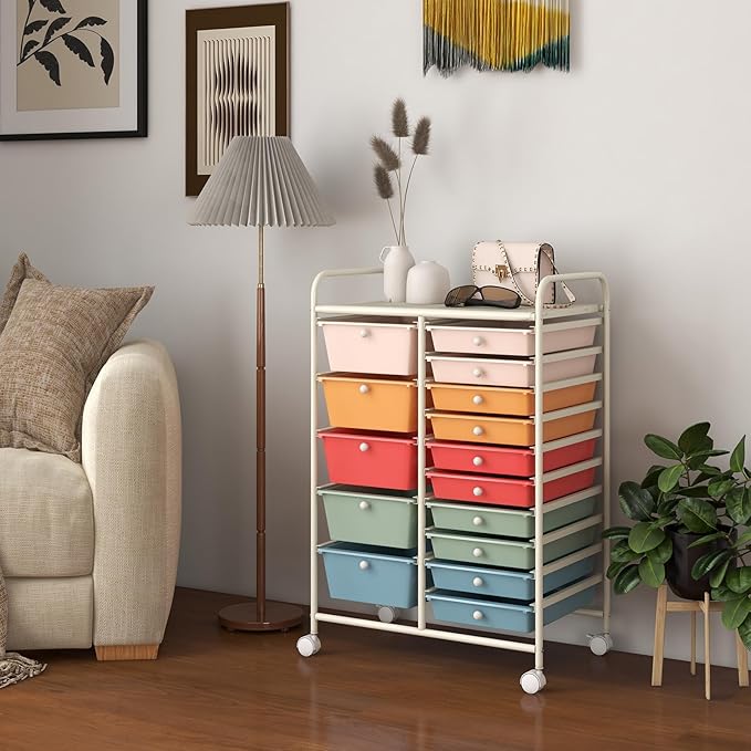 GLACER 15 Drawers Rolling Cart, Storage Cart with w/Removable Drawers & Steel Frame, Multipurpose Organizer Cart w/Sleek Handle, Utility Cart on Lockable Wheels for Home, School, Office (Colorful)