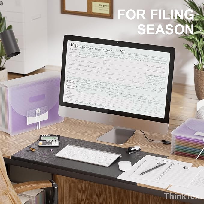 ThinkTex Accordion File Organizer, 12 - Pocket Expanding File Folders for Paper Receipts, Bills&Taxes Organizer, Letter/A4 Size Document Holder for School, Office, Home with Colorful tabs-Purple