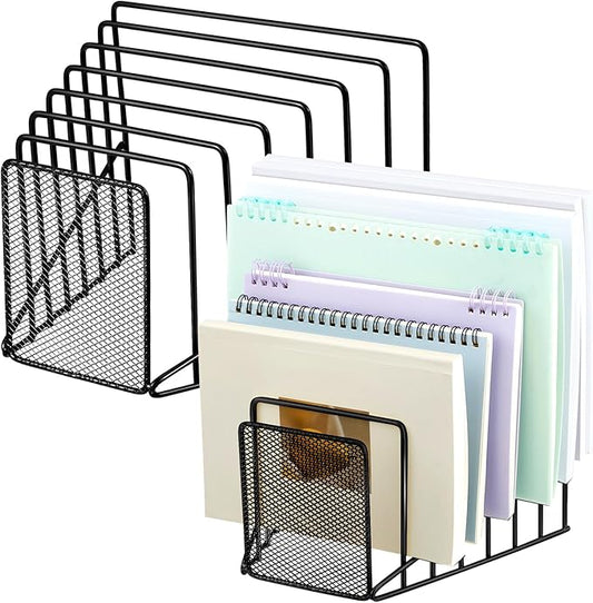 2 Pcs 7 Section Incline File Sorter Metal Wire Mesh File Rack for Desktop Letter Sorter for Magazine Folder Book Organizer Home Office School Paper Mail Desk Storage Holder (Black)
