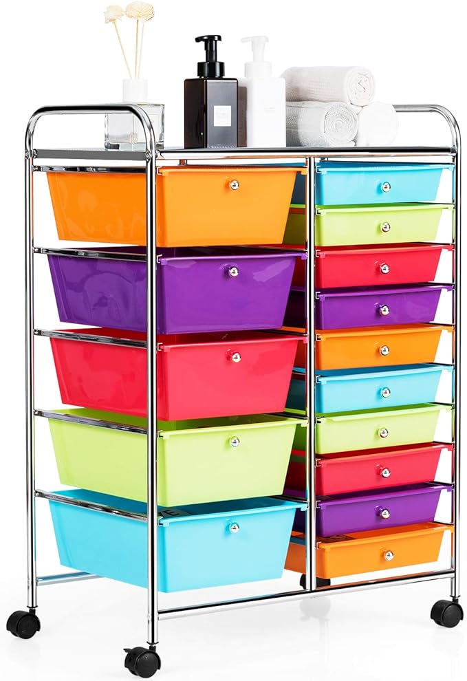 HAPPYGRILL 15-Drawer Rolling Cart, Storage Carts with Removable Drawers & Steel Frame, Utility Cart on Lockable Wheels for Home, School, Office,Multicolorful