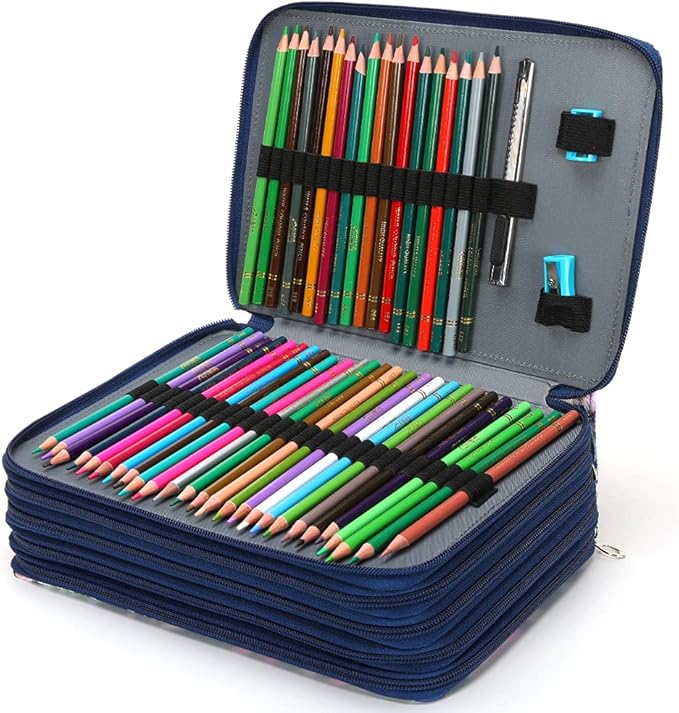 Vomgomfom Colored Pencil Case - 252 Slot Pencil Holder with Zipper Closure, Twill Fabric Large Capacity Pencil Case for Watercolor Pens or Markers, Artist Organizer (Blue Rose)