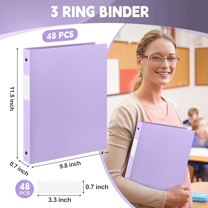 Henoyso 48 Pcs 3 Ring Binder 0.5 Inch Round Fits Letter Size 8.5'' x 11'' Paper Plastic Flexible Binder Bulk Holds 140 Sheets with 1 Pockets Versatile Organizer for Home Office School (Light Purple)
