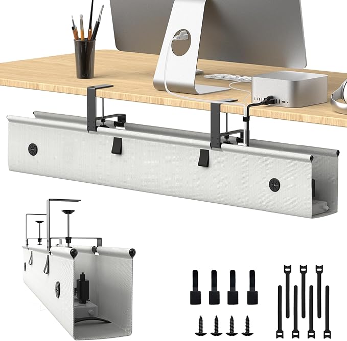 KIGJU Under Desk Cable Management Tray, 40-inch No-Drill Cord Organizer with Anti-Sag Reinforced Base, Fabric Wire Management Hider for Standing Desk, Office & Gaming Accessories - Grey