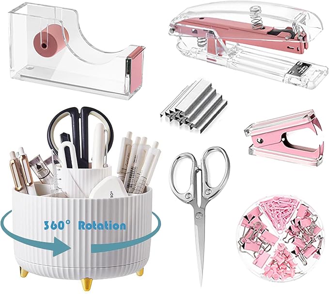 Gawsey Desk Organizers and Accessories Set with 360-Degree Rotating Pen Holder, Acrylic Stapler, Tape Holder, Staple Remover, Binder/Paper Clips Kit, Scissor and 1 Box of Staples